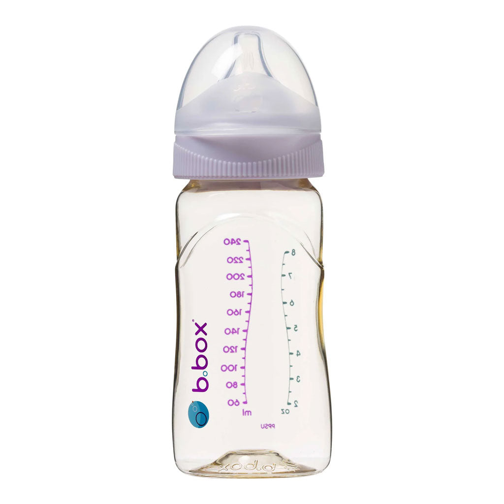 The b.box baby bottle - made from long-lasting, medical-grade PPSU to maintain high-quality with regular use, hand washing, dishwashing and sterilising. Oval shaped bottle prevents rolling. Ribbed ring provides easy grip when twisting on and off and ledge on cap supports easy click-off removal.