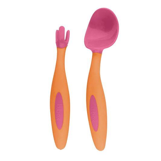 Unique patented fork and spoon, designed to fit the size and shape of little mouths. Angled handle to encourage independence.