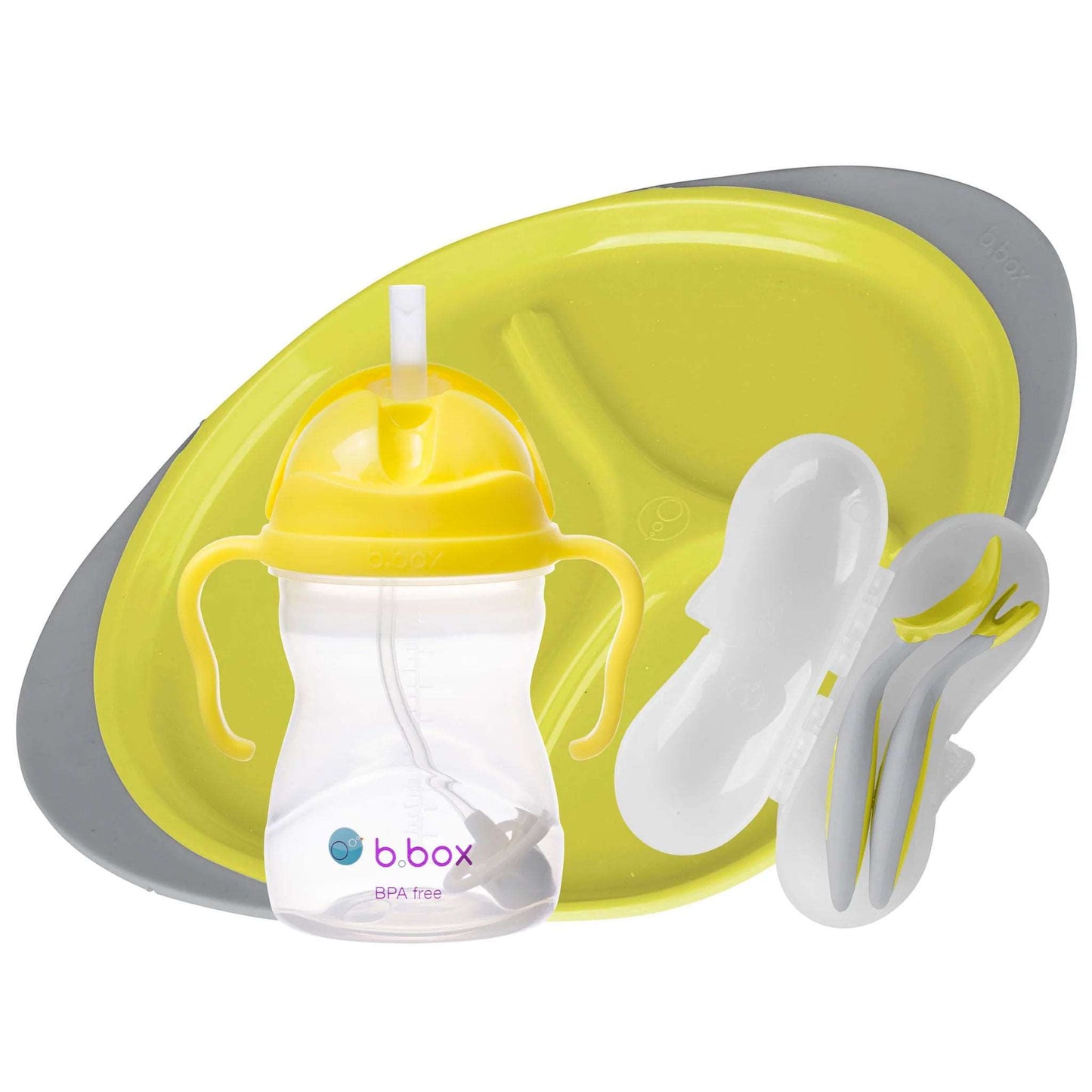 Feeding set includes the award winning sippy cup, toddler cutlery set (spoon and fork) and divided plate, all in a giftable box set.