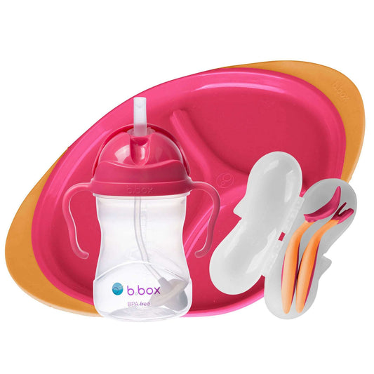 Feeding set includes the award winning sippy cup, toddler cutlery set (spoon and fork) and divided plate, all in a giftable box set.