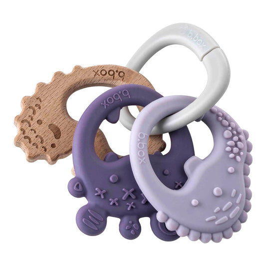 Designed to grow with baby the b.box trio teether has three textured teethers on one handy ring offering the choice of silicone and beechwood throughout the teething journey. Lightweight and easy to hold, use individually or as a set with customisable ring attachment to provide relief to sore, achy gums and stimulate sensory development.